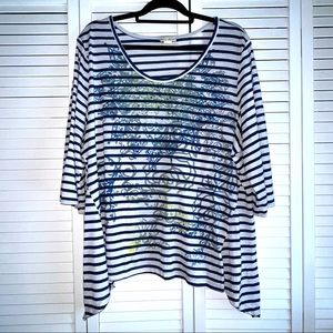 TruSelf 3/4 sleeve blue and white striped tee with handkerchief hem
